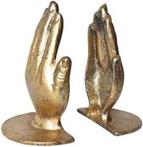 JUCONSIN Hands Bookends, Prayer Hand Decorative Bookends Unique Gold Book Ends Heavy Duty Cast Iron Bookends for Shelves Decorative