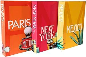 InspireMe Decorative Books for Home Decor, Faux Book Storage Box, Travel Table Books - Paris, New York, Mexico - Set of 3
