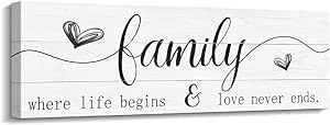 Kas Home Family Wall Decor Rustic Home Sign Inspirational Quotes - Where Life Begins & Love Never Ends Canvas Wall Art Prints for Bedroom Living Room Kitchen (5.5x16.5 inch, White - Family)