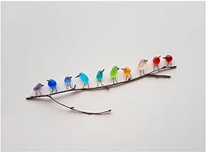 Guxiton Rainbow Birds on Branch - Sea Glass &Driftwood Picture - Unframed Unique Handmade - Sea Glass Art,Rainbow Bird Wall Decor,Suitable for and Living Room (A02-10 Rainbow Birds(Frameless)