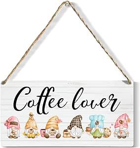 Funny Coffee Lover Wood Sign Rustic Coffee Gnomes Wooden Hanging Plaque for Home Kitchen Wall Art Decoration 6 x 12 Inches Present