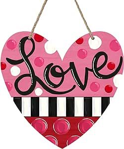 Bolisom Valentine's Day Pink Love Heart Front Door Sign, Black White Stripes Polka Dots Wood Door Hanger Outdoor Outside Porch Decor, Anniversary Wedding Wooden Wreath Indoor Wall Hanging Decoration