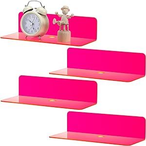 Floating Wall Shelves 9 Inch Acrylic Small Wall Shelf Hanging Shelves Adhesive Shelf Screwless Display Shelf with Cable Clips and Stickers for Bathroom, Bedroom, Office (Fluorescent Pink, 4 Pcs)