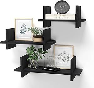 PHAREGE Black Floating Wall Shelves Set of 3, Criss Cross Intersecting Floating Shelf, Wall Hanging Small Shelf for Bathroom, Bedroom, Living Room, Kitchen and Home Office Decor