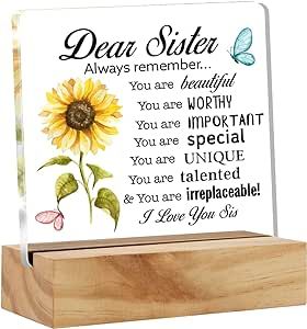 Sisters Gift Bset Sister Gifts From Sister, Inspirational Sister Love Desk Decor Floral Acrylic Desk Plaque Sign with Wood Stand Home Office Desk Sign Keepsake
