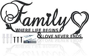 Family Where Life Begins Love Never Ends Word Sign Metal Wall Decor, ULENDIS Black Family Wall Sign Hanging Decoration for Living Room Bedroom, 17.5”x7.5” Family Signs for Home Decor Wall