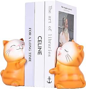 UANYEMON Cute Cats Decorative Bookends, Cute Cat Bookends, Unique Book Ends to Hold Books, Book Ends for Shelves,Cute Bookends,Bookends for Kids, Shelf Bookshelf Decor Stopper for Home Office(Orange)