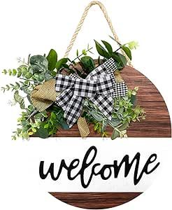 Welcome Sign for Front Door, Front Door Decor for Farmhouse Porch, Rustic Welcome Wreaths with Stapled Greenery, Round Wooden Hanging Sign Housewarming Gift for Home Outdoor Indoor…