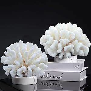 Tirifer Pack of 2 White Coral Decor, White Coral Reef, Faux Artificial Coral Statue, Resin Coral Sculpture Nautical Tabletop Decoration for Beach Theme Party Home Decor Wedding Decoration