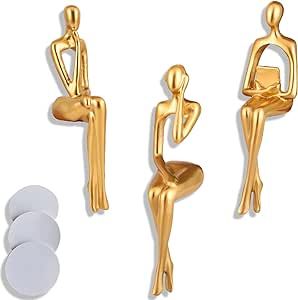 DaapYoow Thinker Statue Gold Decor, Abstract Art Sculpture. Golden Resin Figurines for Home Living Room Office Shelf Bookshelf Bathroom Decoration ?3 pcs Double-Sided Sticker?