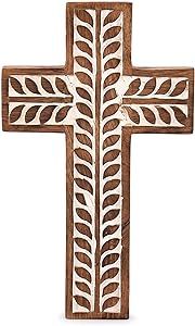NIRMAN Mango Wood Religious Catholic Cross Wall Hanging Floral Carvings Living Room Home Decor for Entryway Office Living Room (10" x 6" x 0.75")