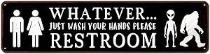 CIVOTIL Funny Bathroom Sign for Restroom | 4"x16" Metal Tin Sign | All Gender Bigfoot & Alien Wash Your Hands Please - Bathroom Decor and Bathroom Signs, Funny Bathroom Signs