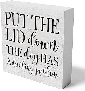 mmiishe Put the Lid Down the Dog Has a Drinking Problem Wooden Box Sign Decorative Funny Bathroom Wood Box Sign Home Decor Rustic Farmhouse Square Desk Decor Sign for Shelf 5 x 5 Inches