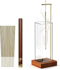 Upside Down Incense Holder with 15PCS Sticks,Anti-Ash Flying Incense Burner with Removable Glass & Brass Clip for Meditation Yoya Spa Office Bedroom Home Decor