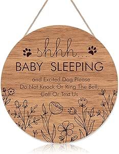 Funny Baby Sleeping Hanging Sign Plaque, Do Not Knock Or Ring The Bell, Round Wooden Door Hanger for Baby Room, Nursery, Front Door, Door Knob Decor (12x12inch)