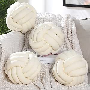 Unittype 4 Pcs Knot Ball Pillow 7.87 Inch Round Decorative Pillow Throw Plush Floor Pillow Lumbar Aesthetic Cushion for Home Room Sofa Car Office Decor Household Decoration (Milky White)