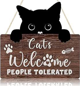 SIKERIC Funny Cat Welcome Sign, Welcome People Tolerated Wooden Plaque, Kitty Kitten Footprint Fish Wall Decor, Black and White Cat Wood Art for Pet Shop Home, Cat Lover Gifts - 9.1''x8.7''
