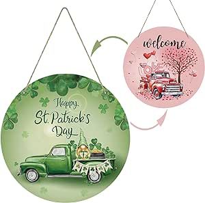 Valentines Day Decor Reversible St Patricks Day Decorations Romantic Pink Valentines Day Truck Front Door Wreath Welcome Sign Happy St Patricks Day Door Decorations for Indoor Outdoor Home Decor