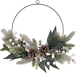 Stratton Home Decor Farmhouse 19" Faux Winter Greenery with Berries and Pinecones Hoop Wreath Wall Decor - Gold Metal, Easy to Hang - Seasonal Accent Piece for Living Room, Bedroom, Kitchen, Hallway