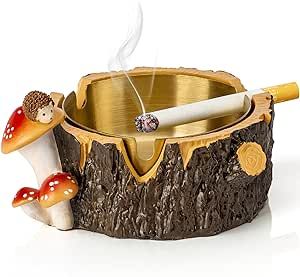 Yiiwinwy Ashtray for Weed Smokers,Hedgehog Mushroom Cute Cigar Ashtray Outdoors with Stainless Steel Tray,Ashtrays for Smokers,Ash trays for Patio Garden Home Outdoor Indoor Decor