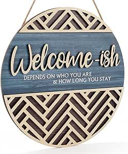 IARTTOP 3D Welcome Hanging Sign Plaque for Front Door Wall Decor, Funny Welcome-ish Wooden Hanger (12''x 12''), Rustic Minimalist Outdoor Wood Wall Art for Farmhouse Porch or Entryway Home Decor