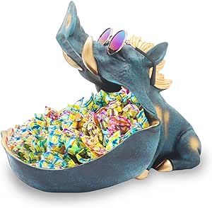 Dosker Unique Wild Boar Statue Key Bowl for Entryway Table,Cute Animal Candy Dish for Office Desk and Candy Dishes Decorative Home Sculpture Desk Decor with Big Container Storage Mouth (Dark Blue)