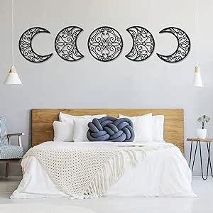 Mlooog Moon Decor Wooden Moon Phase Wall Decor-Bohemian Above Bed Wall Decor For Bedroom - Black Living Room Decor 5 Pack (Flower Of Life)