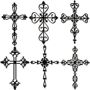 Soaoo 6 Pcs Wooden Wall Hanging Cross Religious Antique Cross Wall Decor Hand Carved Wall Crosses for Home Decor Decorative Cross Catholic Crucifix for Living Room, 12 x 8 Inch (Black)