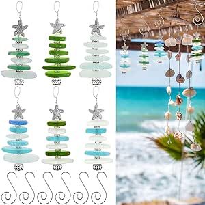 Arrowbash Sea Glass Ornaments Sea Glass Decorations Sea Glass Tree Hanging Sea Glass for Crafts Sea Crystal Glass Decor for Beach Tree Ocean Wedding Lover Gift Party Table Decor(6 Pcs)