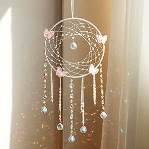 Artilady Butterfly Dream Catchers with Crystals - Large Boho Pink Moon Dream Catcher Wall Decor Home Decorations Girls Kids Baby Bedroom Room Decor Christmas Birthday Teen Girl Boys Gifts
