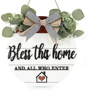 3D Bless This Home Wooden Door Sign Hanging, Welcome Porch Wall Sign with Bow-knot Wreath, Bless This Home And Who Enter Sign Housewarming Gift for Kitchen/Entryway/Porch/Front Door