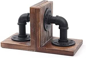 HOEMLIM Book Ends Wood Tabletop Bookends Rustic Industrial Decor, Heavy Duty Bookend Support for Books and Movies 1 Pair(Black)