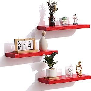 Floating Shelves, Solid Wood Wall Mounted Shelves with Invisible Brackets for Bedroom Living Room Bathroom Kitchen, Shelves for Wall Decor Storage Set of 3, Red