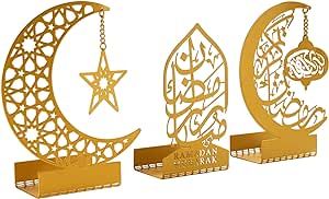 flangairy Ramadan Decorations for Home 2024 Eid Mubarak Metal Kareem Signs Islamic Muslim Mosque Arabic Stand Gold Table Top Centerpiece Indoor Decor Allah Gifts