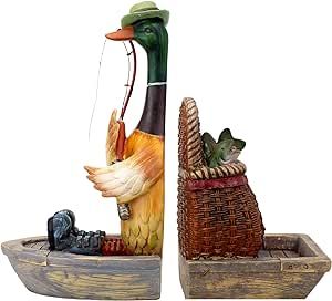 Fishing Duck Bookends, Decorative Book Holders for Home and Office, Gift for Fishers and Nature Lovers, 11.25 by 6.5 Inches