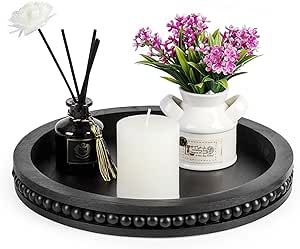 MERVAGIN Rustic Black Round Wooden Decorative Serving Tray, Coffee Table Decorative Bead Tray, Farmhouse Centerpiece Tray for Kitchen and Living Room