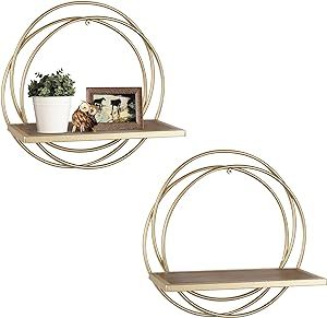 Oakrain Small Floating Shelves Set of 2, Wall Mounted Hanging Shelf with Gold Metal and Wood, Round Wall Shelves for Storage, Living Room Decor, Bathroom, Kitchen, Bedroom, Office