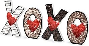 Wood XOXO Signs, Glitter Freestanding Letter Table Decorations Word Table Top Sign, Wooden Block Cutout Signs Tiered Tray Decors for Valentine's Day Table Mantle Wedding Party Favor Decorations
