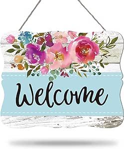 Whaline Welcome Hanging Sign Front Door Decor Wooden Welcome Sign Watercolor Floral Welcome Sign Door Hanger Rustic Farmhouse Flower Print Wood Sign for Holiday Home Coffee Shop Window Door Decoration