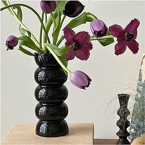 Funsoba Ceramic Flower Vase Ribbed Modern Unique Tall Home Decor (Black)