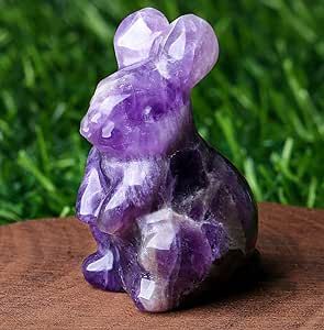 DUQGUHO Amethyst Bunny Decor Crystals Rabbit Statue Pocket Polished Natural Gemstone Crystals Tiny Figurines for Office Room Desk Decoration Easter Ornament 1.5’’ Gifts Mom Grandma 1PC