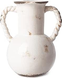 VICTOR & TERESA Decorative White Vases for Home Decor, Rustic Ceramic Vase for Flowers, Modern Farmhouse Vases for Pampas Grass,Table Accent, Mantel, Living Room,Bookshelf, Centerpieces, 7.9inch