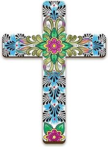 Floral Cross Wall Decor Hand Painted Decorative Inspirational Wooden Cross Spanish Style Wall Cross Mexican Art Wall Decor Mexican Crucifix for Home Room Church Decoration (Cute Style)