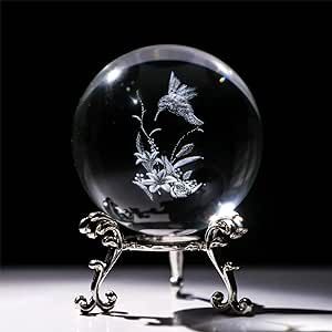 HDCRYSTALGIFTS 3D Hummingbird Crystal Ball Paperweight 60mm(2.3Inch) Laser Engraved Glass Sphere Display Globe Meditation Ball Home Decor with Metal Stand