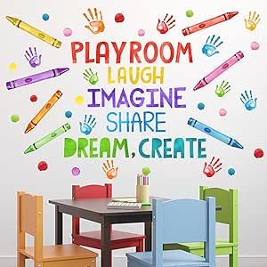 Mfault Playroom Wall Decals Stickers, Crayon Handprint Polka Dots Inspirational Quote Nursery Decorations Daycare Art, Laugh Imagine Share Dream Create Toddler Kids Room Bedroom School Classroom Decor