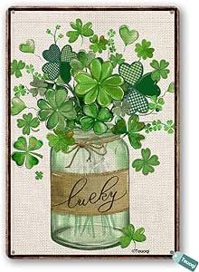 Teuoqi Retro Tin Sign St Patricks Day Green Shamrocks Clovers Mason Jar Lucky Welcome Holiday Decoration Valentines Day Metal Signs Wall Decor 8x12 in