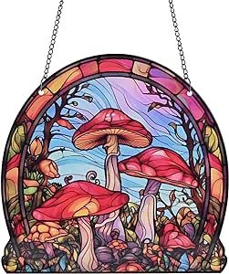 Red Mushroom Forest Suncatcher Ornaments - Stained Glass Suncatcher Hanging Decoration with Metal Chain - SunCatchers for Window Decor Outdoor Garden Decor Gifts