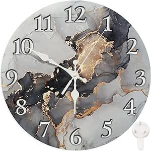 Britimes Round Wall Clock Silent Non-Ticking Clock 10 Inch, Luxury Black Gold Watercolor Stone, Home Decor for Living Room, Kitchen, Bedroom, and Office