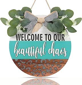 CHDITB Welcome to Our Beautiful Chaos Front Door Wreath(11.42”x11.42”), Funny Welcome Home Sign with 3D Hollow Design Bow Artificial Leaves, Rustic Farmhouse Sign for Front Door Porch Entryway