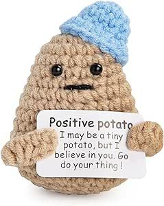 Mini Funny Positive Potato - 3 Inch Knitted Crochet Doll, Complete with an Uplifting Positive Card, Ideal for Cheer Up, Encouragement, Room Decor, Gifts for Friends, Lovers, Valentine's Day (blue)